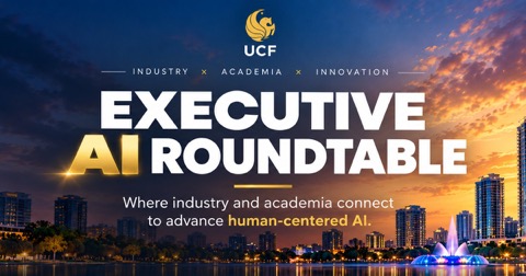The Executive AI Roundtable flyer: the Orlando skyline at dusk, over Lake Eola.